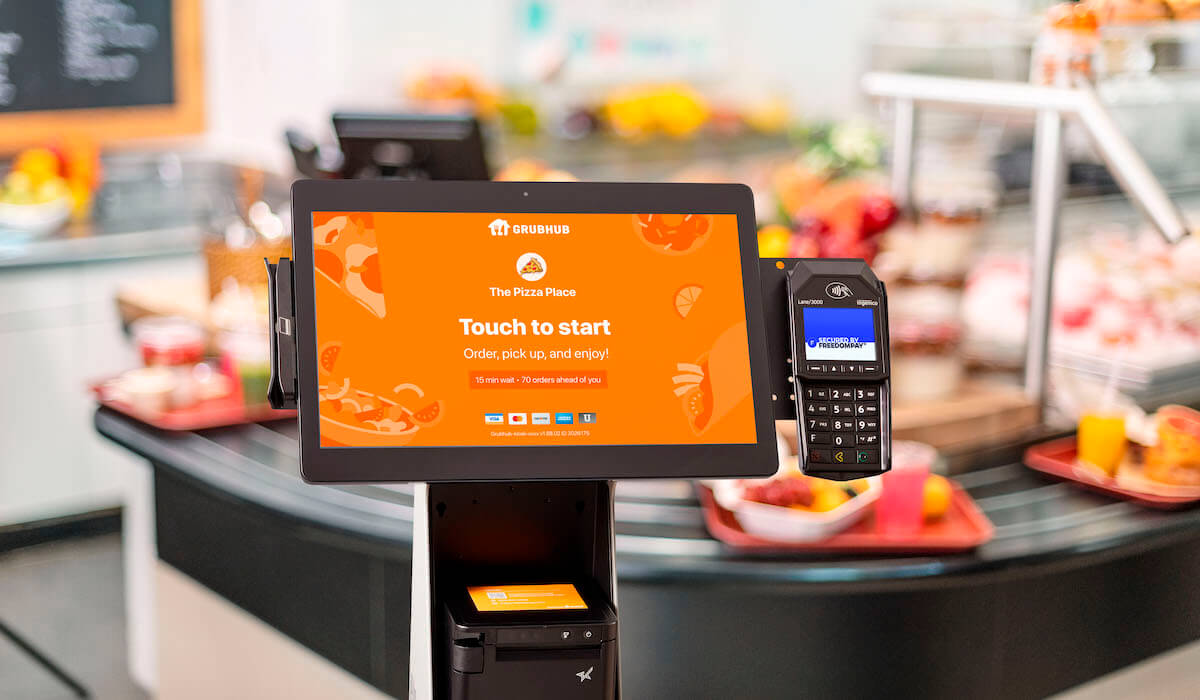 A self-service kiosk in a dining area on campus.